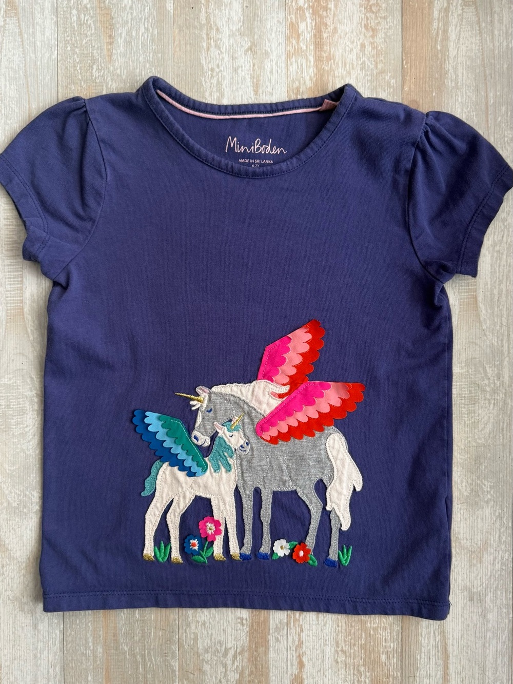 Mini Boden Purple Tee with Colorful Unicorn Wing Appliqués